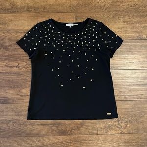 Calvin Klein Womens Top Size M Black Gold Short Sleeve Crew Neck Dressy